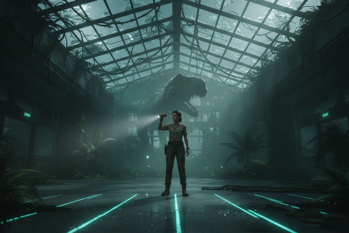 image unique du jeu - Une scientifique seule explore le centre des visiteurs abandonné d'Isla Nublar dans Jurassic Park Survival, torche à la main face à l'obscurité