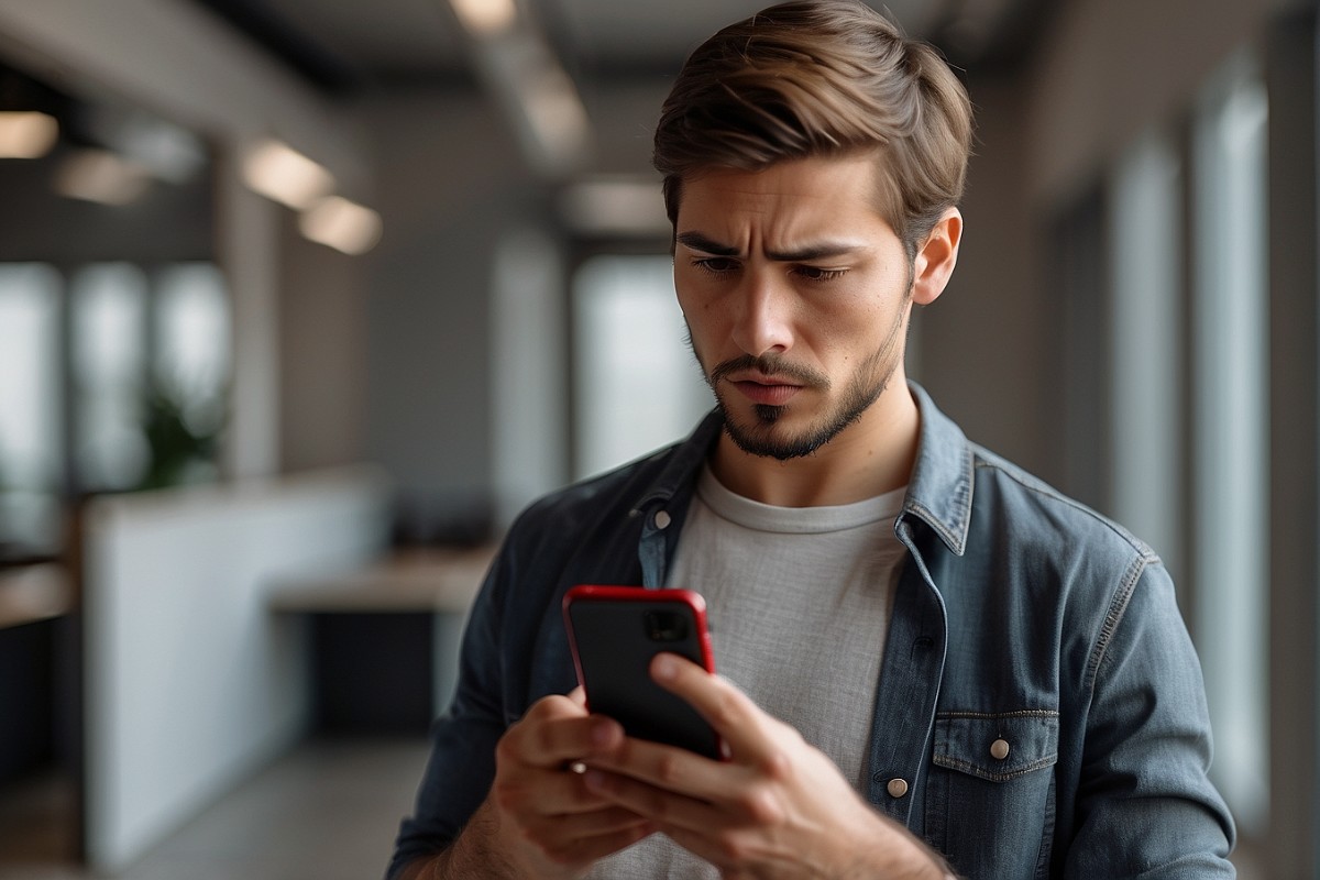 android vider la corbeille - Utilisateur frustré tenant un smartphone Android affichant une notification de stockage plein