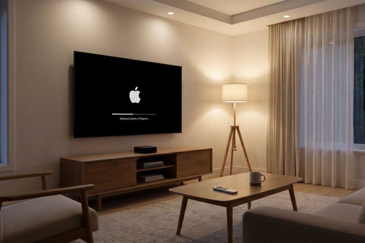 Apple TV branchée sur téléviseur avec écran de mise à jour tvOS en cours