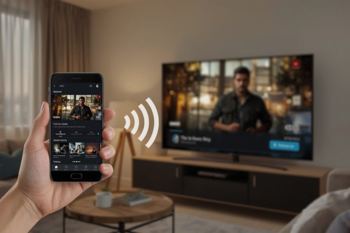 Smartphone affichant un film qui se projette sur un téléviseur moderne via connexion sans fil
