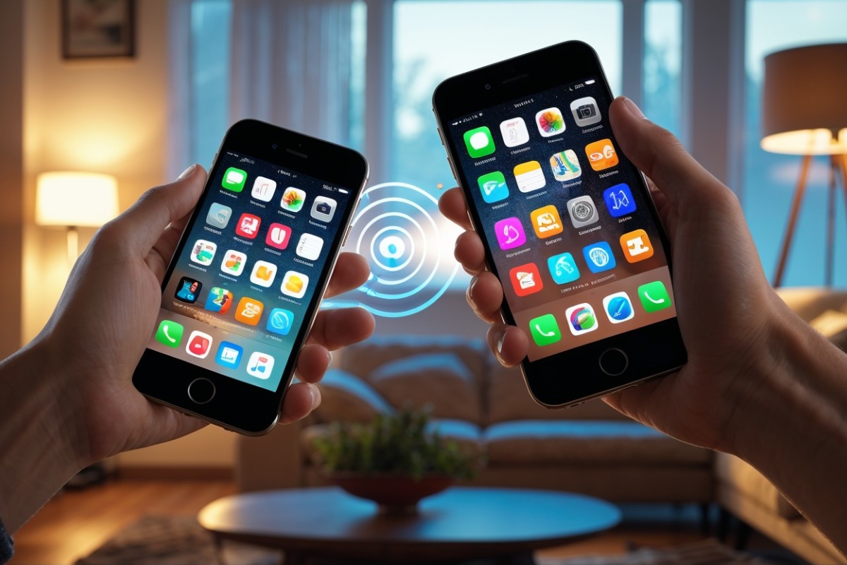 comment transférer toutes les données d'un téléphone à un autre android: Mains manipulant deux smartphones Android montrant le transfert en direct de photos et d'applications, illustrant la simplicité du processus de migration des données