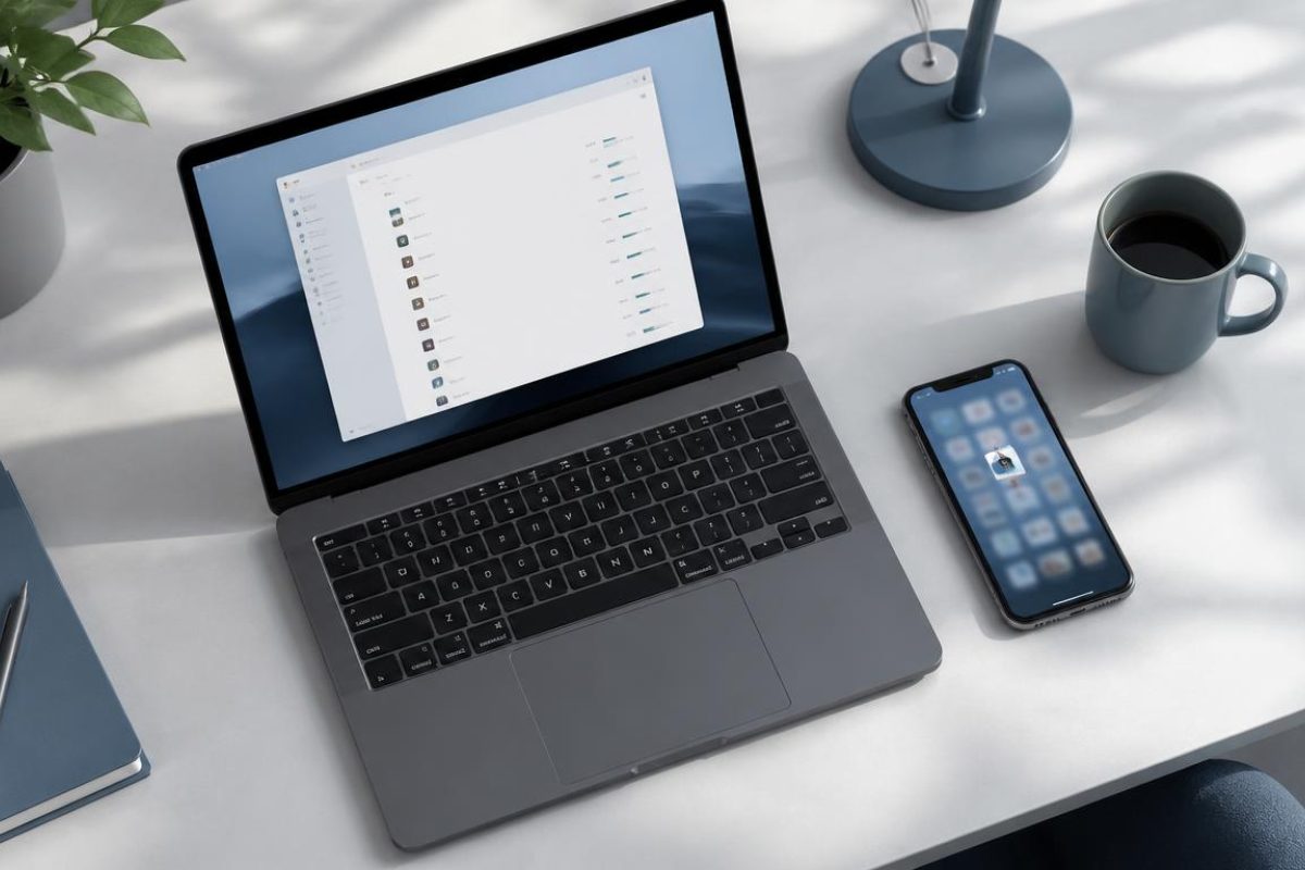 Écran de smartphone et de PC affichant côte à côte la liste des applications installées