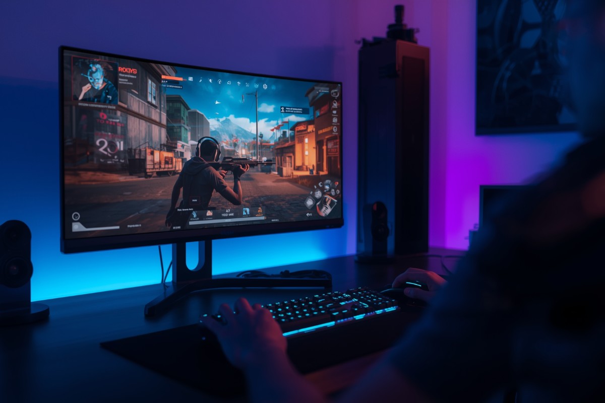 Setup gaming compétitif avec écran 24 pouces pour esport, clavier mécanique et souris gaming sur bureau ergonomique avec éclairage LED