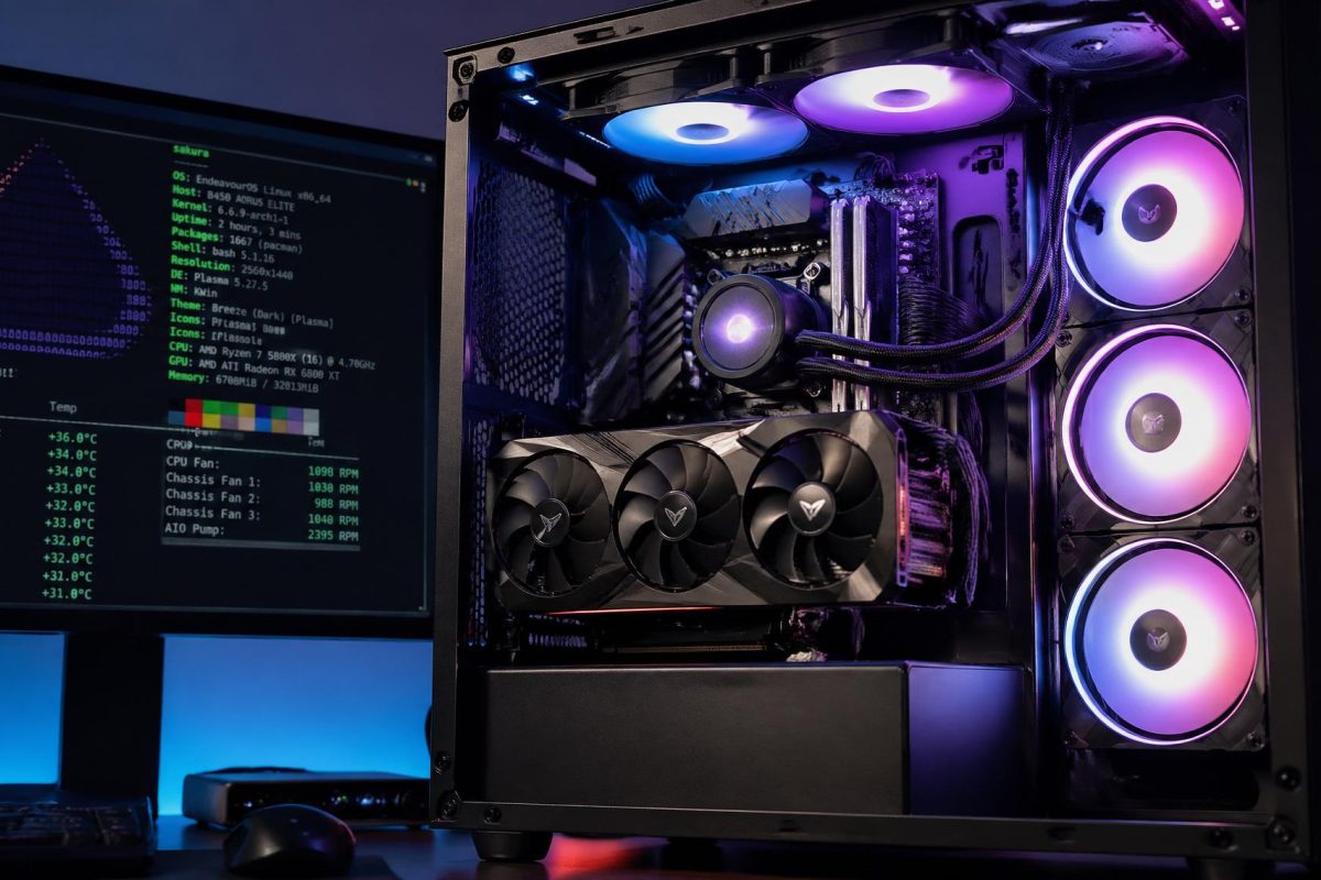 Terminal Linux affichant les températures CPU et vitesse des ventilateurs sur PC gaming