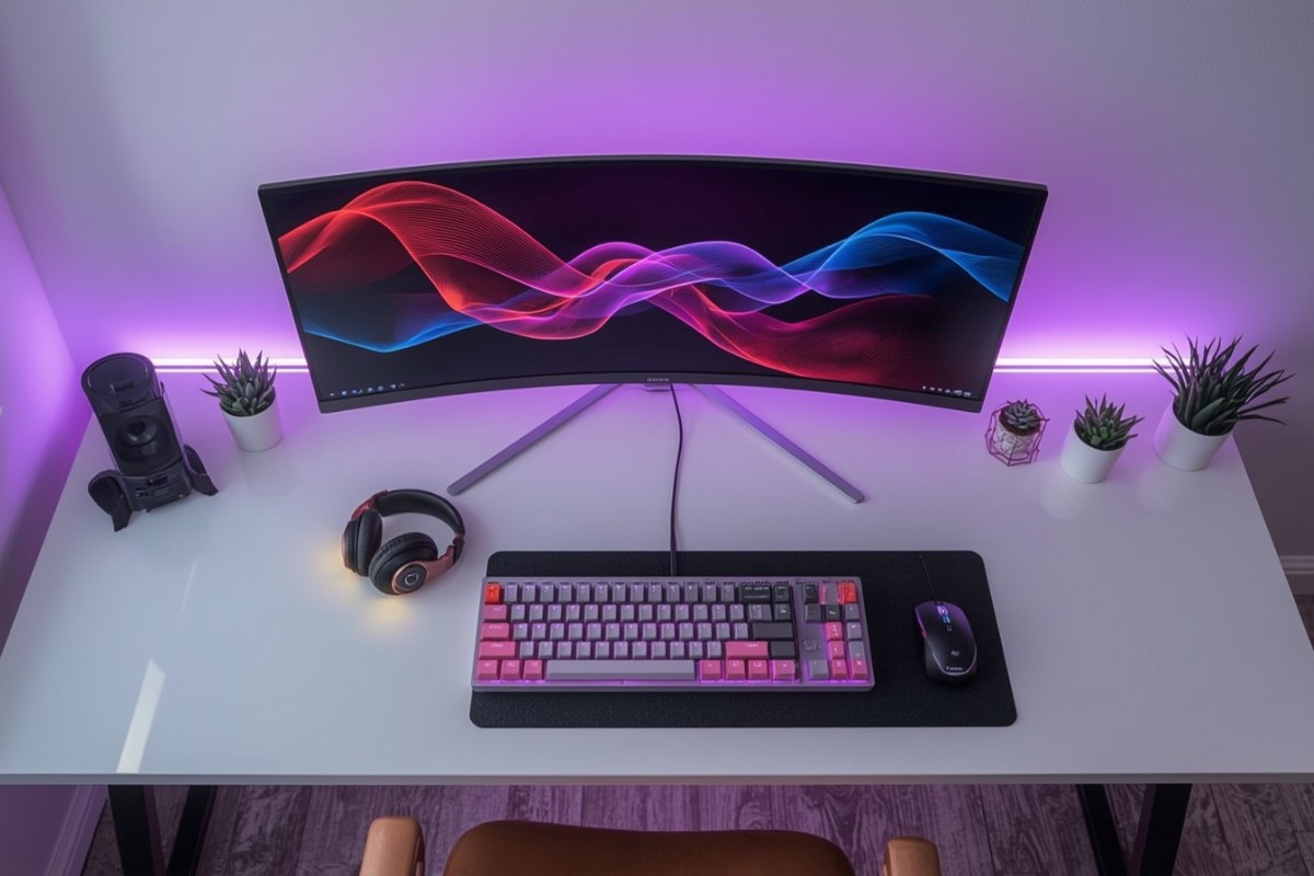 idee cadeau geekette, Setup gaming féminin moderne avec clavier RGB rose, souris gaming et casque haut de gamme sur bureau blanc avec éclairage LED coloré