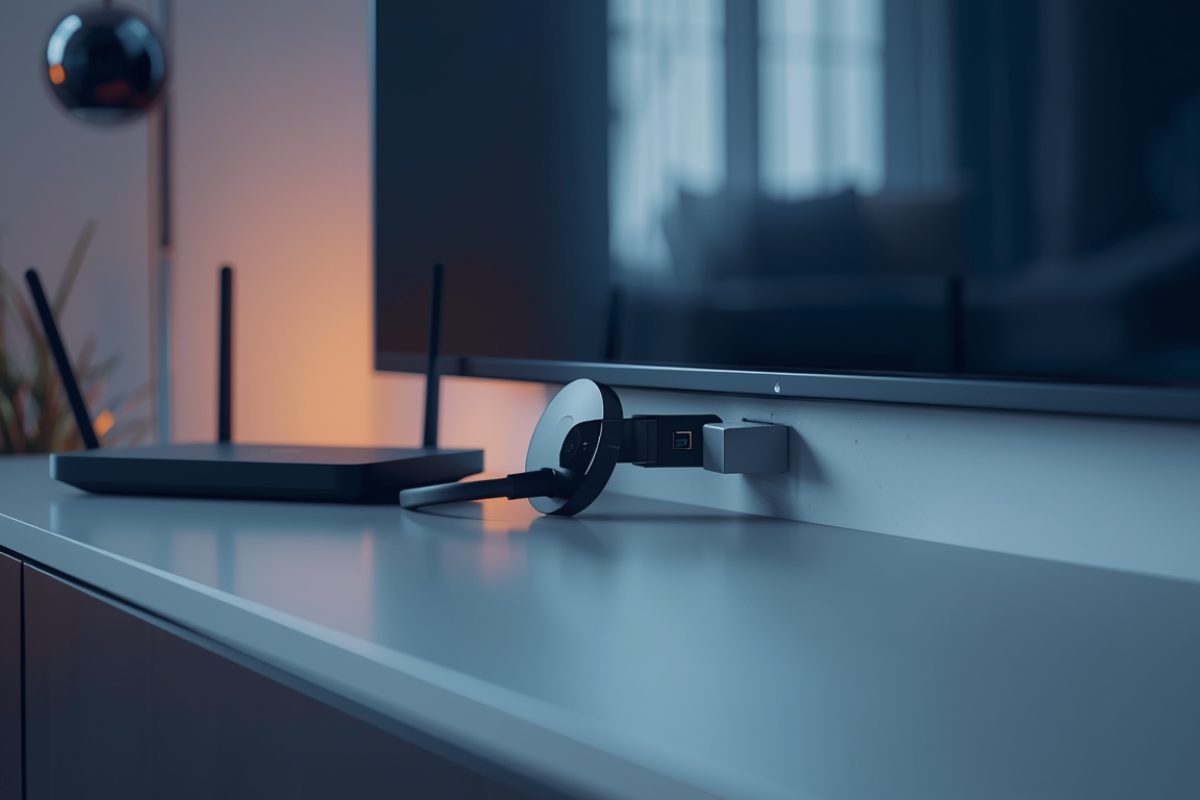 Chromecast branché sur une télévision, Freebox Révolution sur le côté