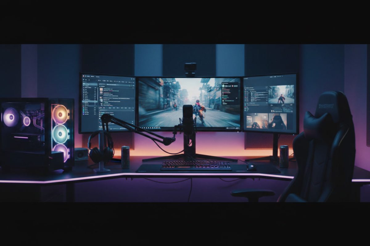 Streamer en action devant PC gaming avec interface Twitch affichée, paramètres de latence