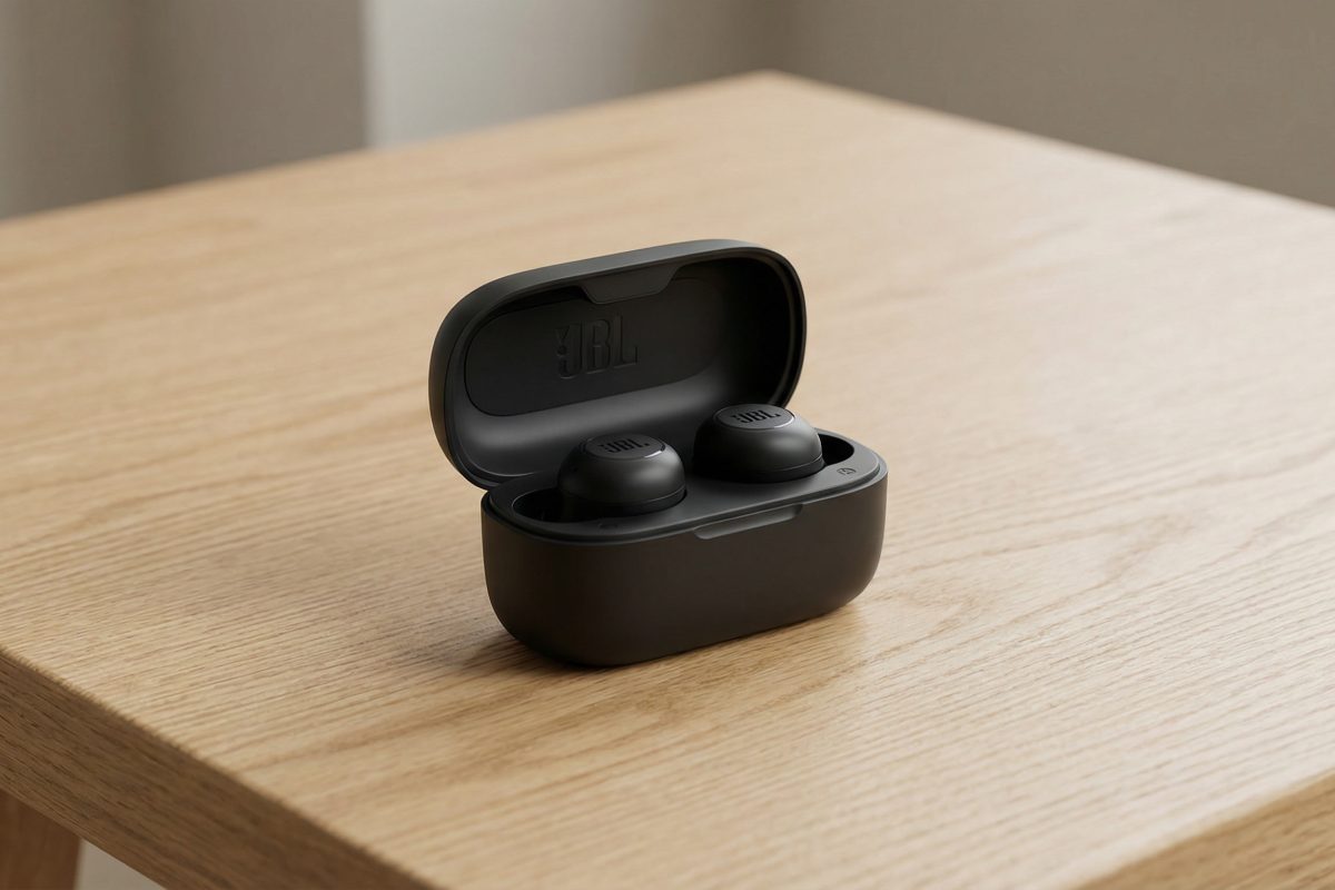 Écouteurs JBL Bluetooth sur leur étui, smartphone avec application JBL Headphones