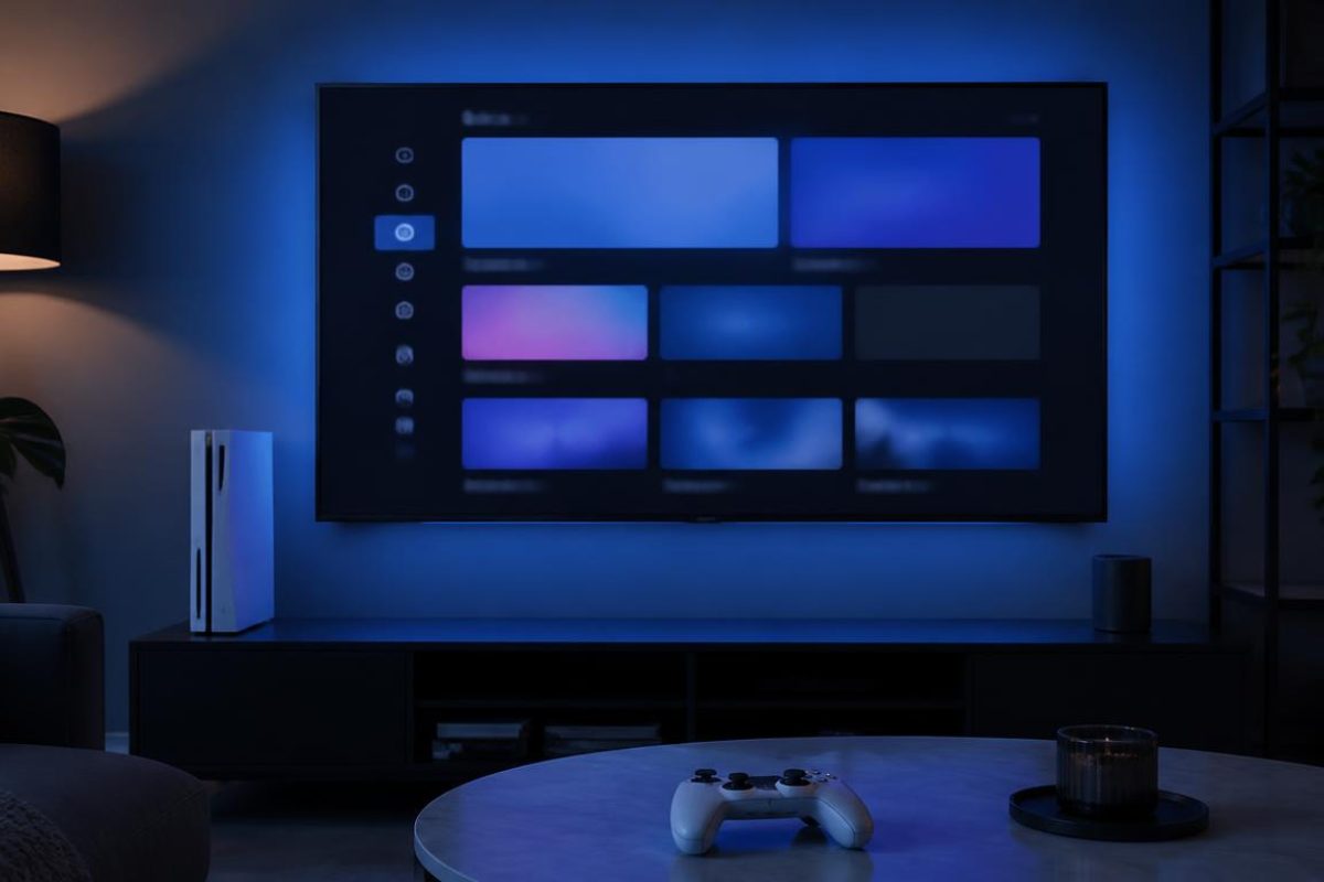 Console PlayStation 5 reliée à un téléviseur affichant une page web dans un navigateur minimaliste