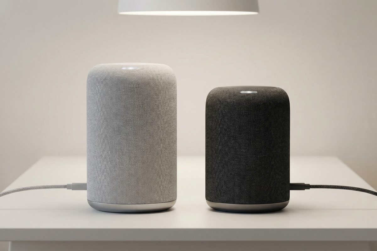 Google Nest Mini et Home Mini côte à côte sur un bureau, comparaison design