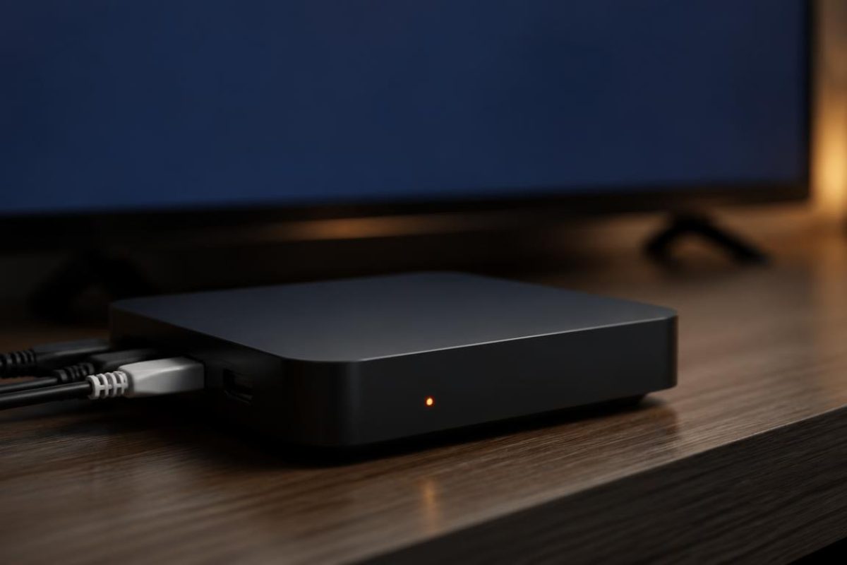 Décodeur Freebox Player relié à un téléviseur affichant un écran de chargement bloqué