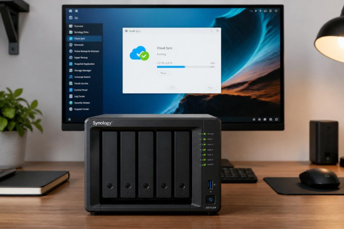 NAS Synology avec interface DSM et synchronisation cloud en cours