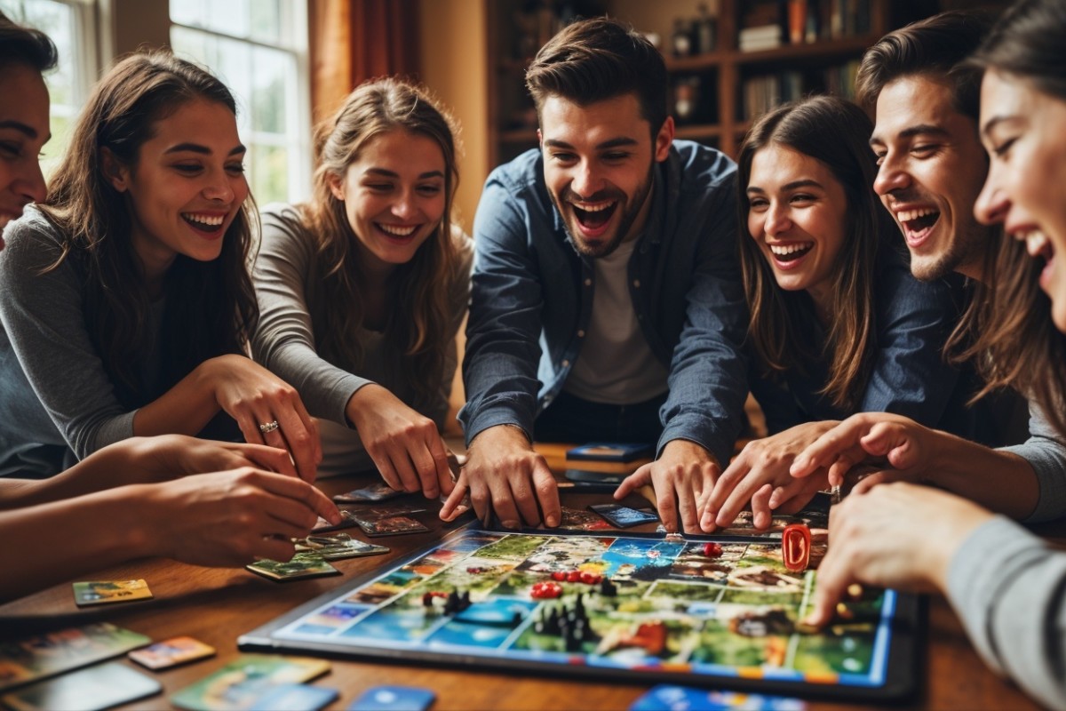 Groupe de personnes autour d'une table découvrant un jeu de société avec enthousiasme, cartes et pièces éparpillées