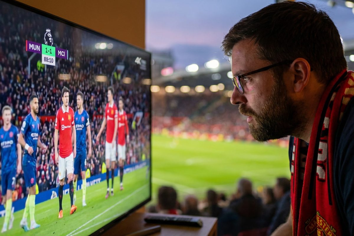 Match de football en direct sur grand écran, stade en fond, atmosphère sportive intense