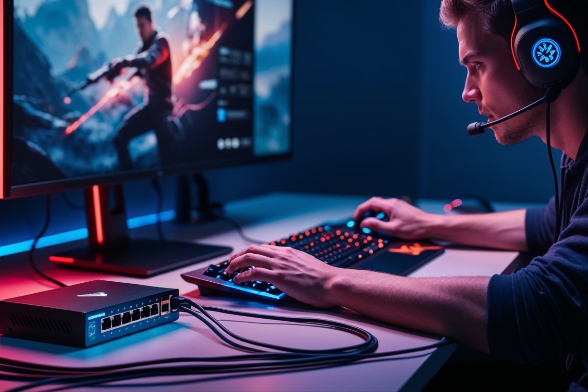 switch ethernet, switch informatique, commutateur réseau : Joueur concentré pendant une partie en ligne avec un setup réseau optimisé pour la performance gaming